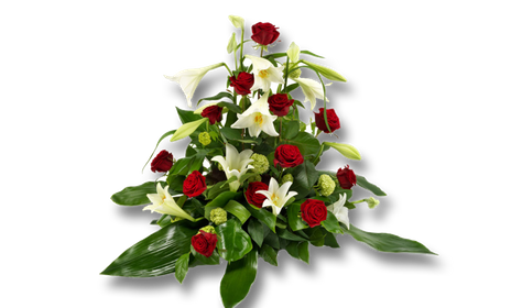 Trauergesteck mit Rosen und Lilien in Rot und Weiß